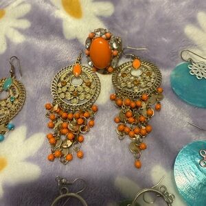 Orange and Silver Chandelier Earrings, 
Blue shell vibe earrings.